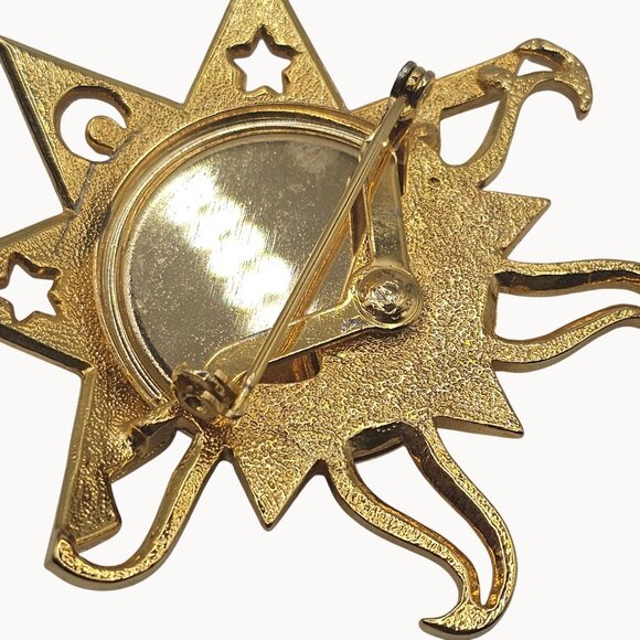 Gold-Toned Unique Sun/Moon Shiny Figural Statement Fashion Jewelry Brooch - Picture 8 of 9